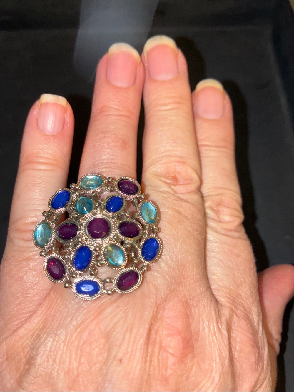 Multicolor Cluster Cocktail Stretch Ring in Blue, Teal & Purple